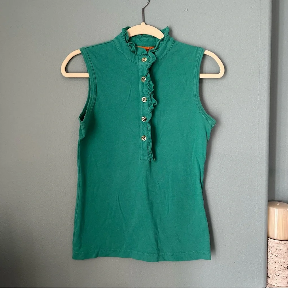 TORY BURCH Sleeveless Ruffled Lidia Polo Gold Logo Button Tank small